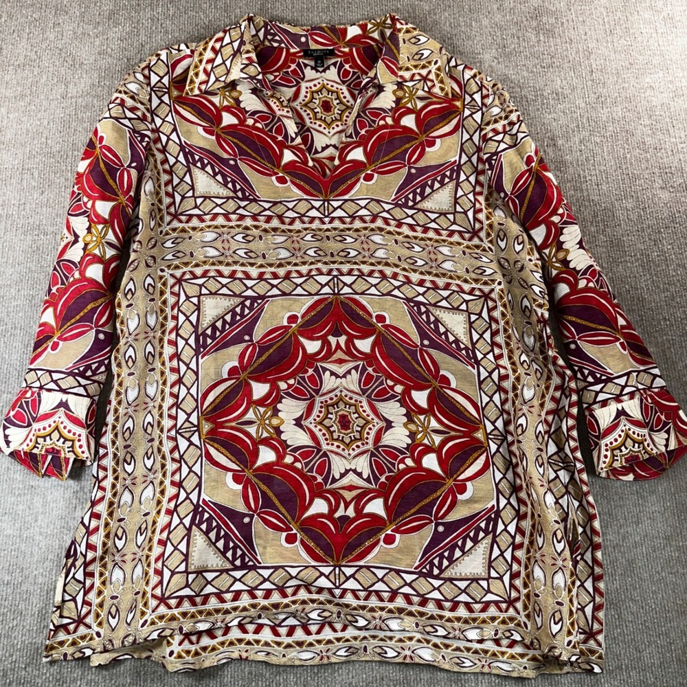 Talbots Red Geometric Mandala Print Linen Blend V-Neck Tunic Top Womens 12‎